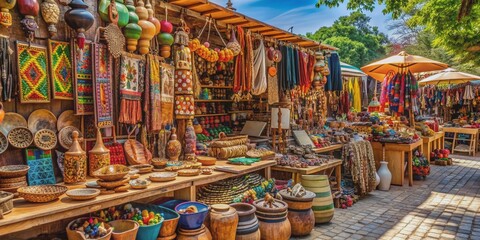 Fototapeta premium Vibrant textiles, hand-carved wooden decorations, and eclectic jewelry displays abound at a colorful outdoor market, enticing shoppers to explore artisanal wares on a sunny day.