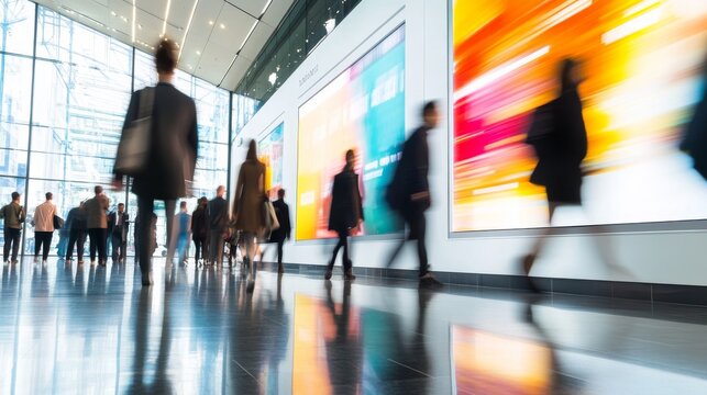In a modern office lobby, a digital display features dynamic advertisements while passersby walk. The lively atmosphere enhances the contemporary design