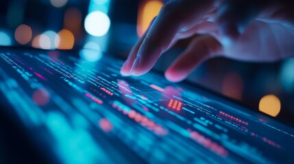 Fingers engage with a tablet screen showing vibrant lines of code, highlighting a modern workspace illuminated by ambient lighting in the evening