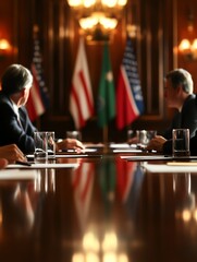 Naklejka premium Two politicians negotiating at a conference table with flags in the background, diplomatic negotiation, international diplomacy