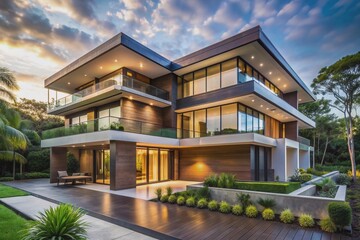 Fototapeta premium Contemporary sleek building with minimalist design and clean lines seamlessly blends into serene natural surroundings, exuding elegance and sophistication.