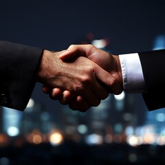 Executives shaking hands with a city skyline in the background, corporate negotiation, business success