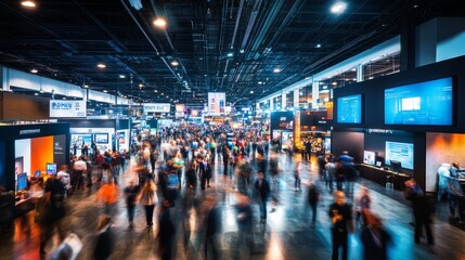 Obraz premium Attendees move energetically through spacious halls, exploring various exhibits and engaging with technologies at a major conference