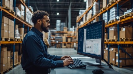 A logistics manager is focused on his tasks at a workstation in a spacious warehouse, managing logistics operations efficiently with a computer