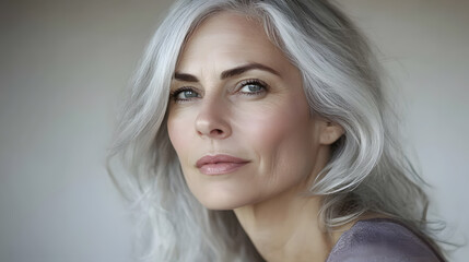 Fototapeta premium Portrait of a beautiful older woman with gracefully grey hair isolated on dark grey background 