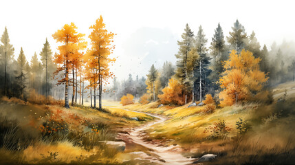 Watercolor illustration Colorful foliage in the park. Falling leaves natural background .Autumn season concept. Abstract autumn background