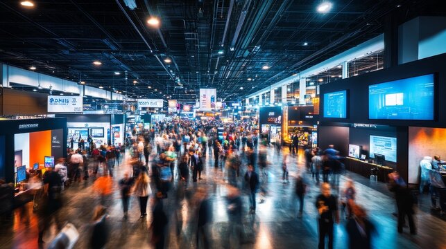 Attendees move energetically through spacious halls, exploring various exhibits and engaging with technologies at a major conference