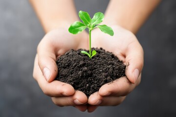 Hands gently holding soil with a small plant sprouting in soft light