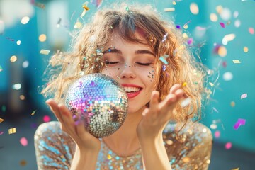 Fototapeta premium Young woman smiling joyfully with confetti and a sparkling disco ball in hand