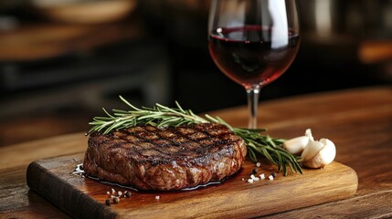A juicy grilled beef steak served on a wooden board with rosemary and garlic, accompanied by a glass of red wine.