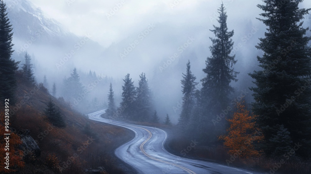 Aufkleber a winding road navigates through a dense forest shrouded in mist during the early morning. tall ever
