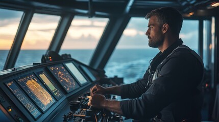 A maritime officer operates the ship's helm, surrounded by cutting-edge radar technology as the sun sets over the ocean, ensuring safe navigation