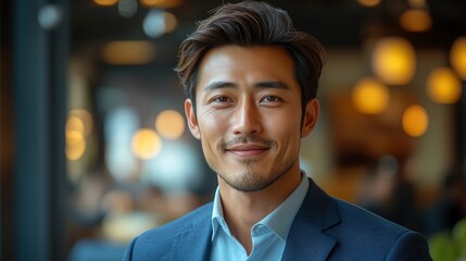 Confident Asian Businessman Smiling in a Cafe