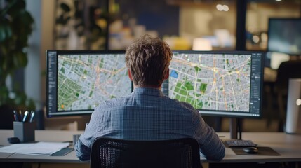 A man sits at a desk in a contemporary office, intensely focused on designing transportation routes displayed on two large screens. His workspace is organized and well-lit