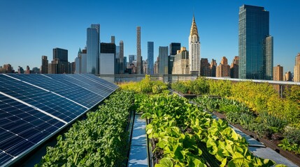 Fototapeta premium Lush greenery fills a rooftop garden, offering a peaceful escape above the bustling city. Sunlight shines on the plants as skyscrapers rise in the background against a brilliant sky