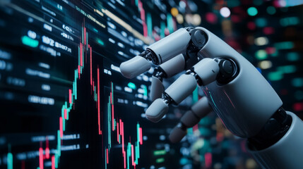 Robot or bot trader: AI automates stock market trading. The robot's hands point at a candlestick graph on a trading exchange. Features an artificial intelligence trader and an AI chatbot for online.