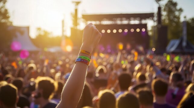 A person stands in the midst of a large crowd, enthusiastically raising their wristbands in the air against the backdrop of a vibrant outdoor festival as the sun sets