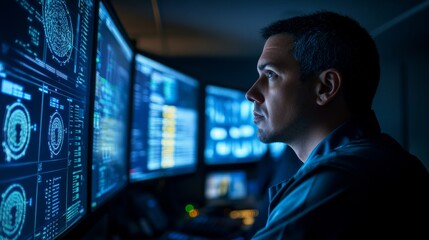 A technician focuses intently on multiple screens in a darkened server room, analyzing network activity and tracking security alerts during late hours
