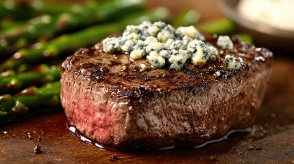 A medium-rare beef steak topped with blue cheese crumbles, served with grilled asparagus.