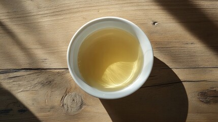 A minimalist white bowl filled with clear chicken broth, served on a simple wooden table.