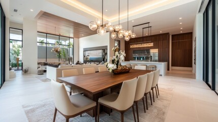 Fototapeta premium A modern dining room with a wooden table, elegant chairs, and a chandelier hanging above.