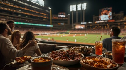 A group of friends laughs and shares delicious food while watching a baseball game from their private suite under the night sky
