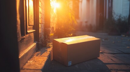 A packed cardboard box sitting on a doorstep, with sunlight casting a warm glow over it.