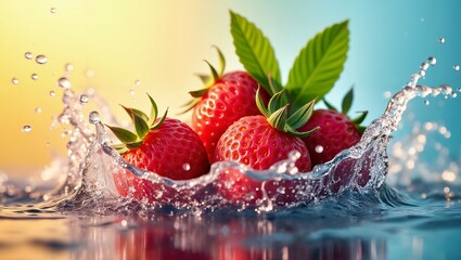 Fresh Strawberries Splashing in Water