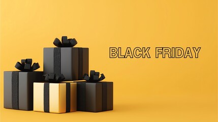 Stylish black and gold gift boxes on a vibrant yellow background, perfect for Black Friday promotions and holiday shopping.