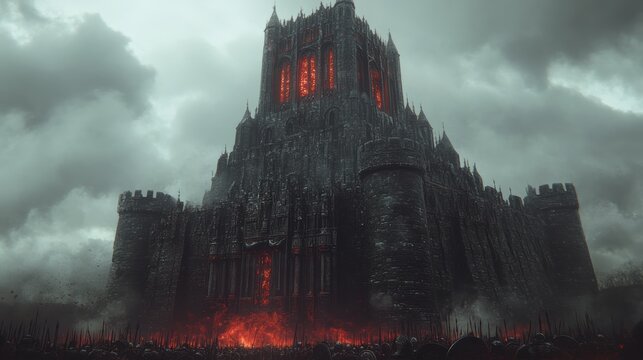 A massive, gothic fortress with glowing red windows burns as armies gather outside, creating a dramatic and ominous scene of warfare and destruction.