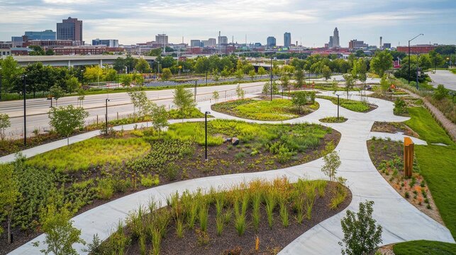 This wideangle aerial view showcases an innovative urban green infrastructure project with permeable pavement, rain gardens, and landscaped areas amidst a city backdrop