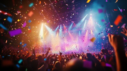 The concert stage is illuminated with vibrant multicolored lights, while confetti showers the excited crowd, capturing a lively moment of celebration