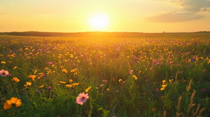 A breathtaking field filled with colorful wildflowers blooms under the warm glow of the setting sun, creating a tranquil atmosphere in nature's beauty © Elmira