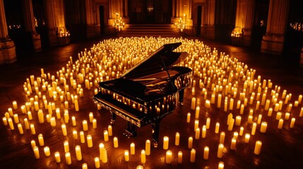 A grand piano sits elegantly at the center of a dimly lit hall, surrounded by glowing candles that enhance the enchanting ambiance, perfect for a musical evening