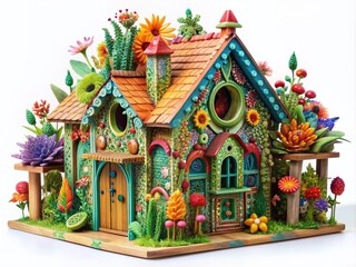 Whimsical, intricately carved wooden game house with vibrant, colorful details, adorned with fantastical flora and fauna, on a pure white background, evoking magical wonder.