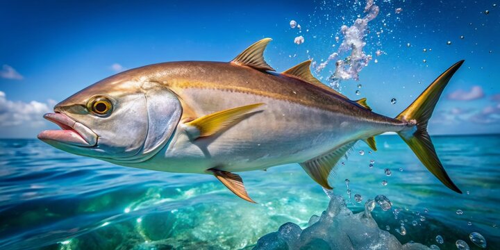 Freshly caught amberjack fish with crystal clear water droplets
