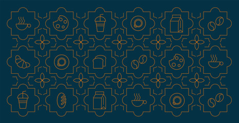 Hand drawn illustration of Bakery and Coffee. Icons. Abstract geometric line background. Gold luxury. Pattern for cover design, food package, menu, background, café wall, coffee shop, web banner