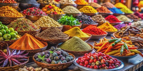 Fototapeta premium Vibrant street market scene bursting with colorful fruits, exotic spices, and savory dishes from around the world, showcasing global culinary diversity and tantalizing aromas.