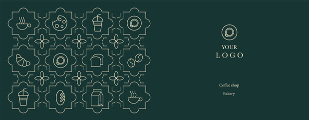 Hand drawn illustration of Bakery and Coffee. Icons. Abstract geometric line background. Gold luxury. Pattern for cover design, food package, menu, background, café wall, coffee shop, web banner