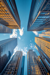 Looking up at skyscrapers, metal buildings, blue sky
