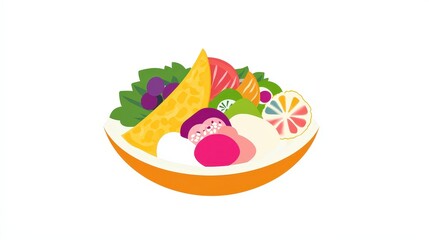 Create a cheerful Japanese crepe logo featuring a bright and colorful crepe with an assortment of fresh, colorful toppings.
