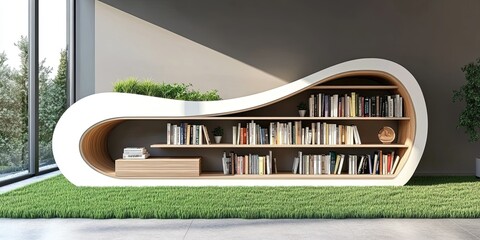 luxury grey and white curved wooden book storage design with drawer for minimalist home with synthetic grass floor 