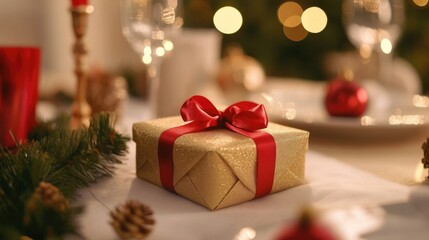 A small gift box wrapped in gold paper with a red ribbon, placed on a festive table.