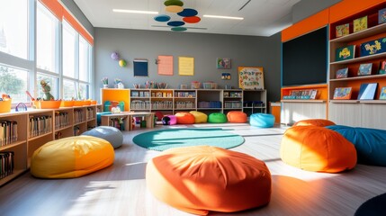 A special education classroom features bright, colorful furniture set up in flexible seating configurations, promoting an engaging learning environment for students