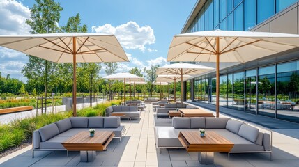 This modern outdoor area features comfortable couches and tables surrounded by lush greenery, perfect for meetings or relaxation on a sunny day