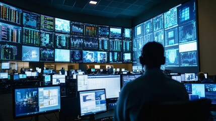 A professional network operations center is busy analyzing various data charts and security alerts displayed across numerous screens. Operators are focused on maintaining system integrity