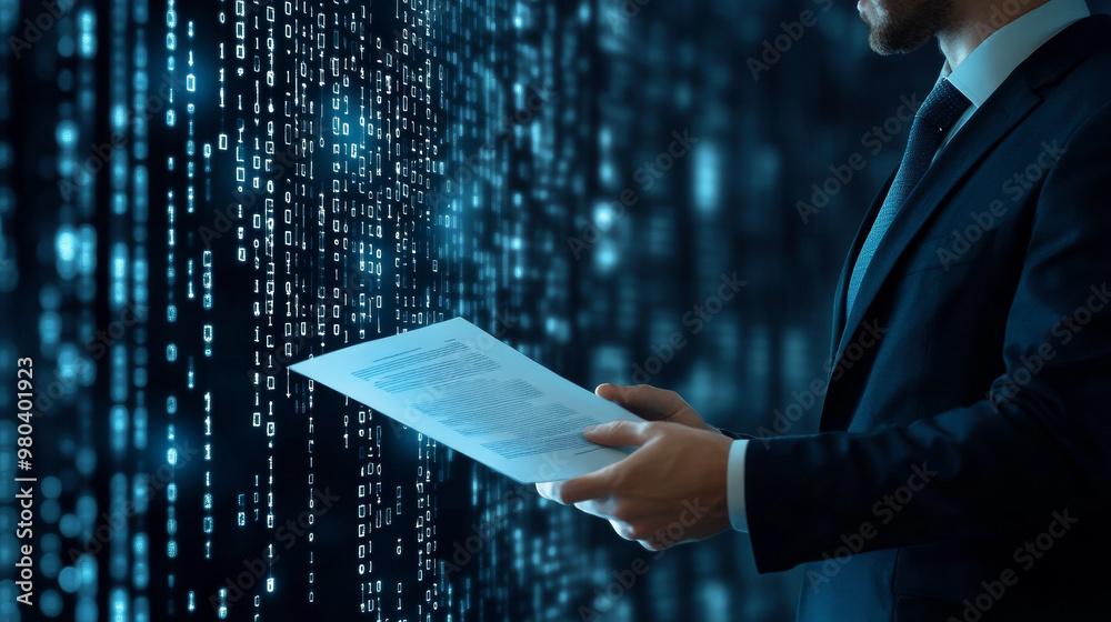 Poster businessman pressing a document icon over a computer binary code.
