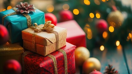 A stack of colorful gift boxes, arranged neatly on a festive holiday table.