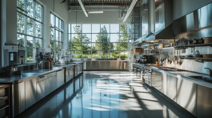 The expansive modern kitchen showcases gleaming stainless steel appliances and organized culinary tools, illuminated by natural light flooding through large windows
