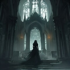 A woman in a black dress stands in a darkened church, her presence evoking a sense of mystery and reverence.